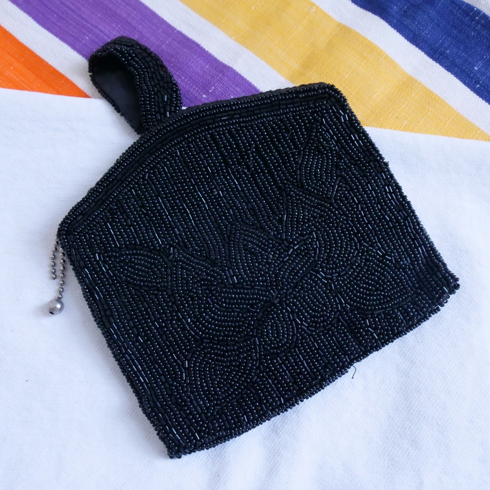 Antique black beaded zipper top mini purse